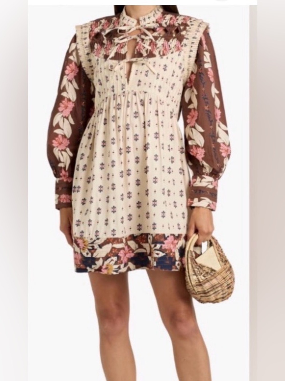 FARM RIO Pintucked printed cotton-voile Long-Sleeve Mini Dress: Medium - Picture 3 of 8